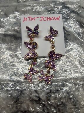 Betsey Johnson Gold-Tone Purple Crystal Butterfly Chandelier Earrings